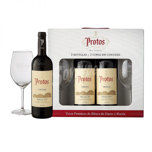 Case with 2 bottles Protos Crianza and glasses